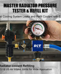 Boss Level 33 Piece Coolant Pressure Tester Kit And Vacuum Refill Tool with gauge for testing and refilling radiator coolant.