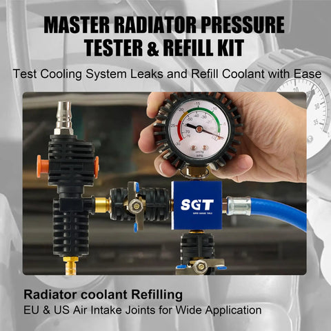 Boss Level 33 Piece Coolant Pressure Tester Kit And Vacuum Refill Tool with gauge for testing and refilling radiator coolant.