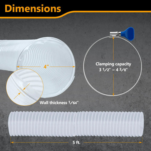 Hassle Free Four Inch Magnetic Dust Collection Hose Kit With Heavy Grip Magnet Fittings For Two Machine Hookup And Fast Quick Swap On Woodworking Shop Gear dimensions showing 4 inch hose and 5 ft length.