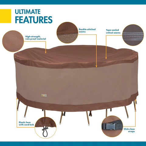 Ultimate Waterproof Round Patio Table and Chair Set Cover; fits 108-inch round table and six chairs with weatherproof fabric.