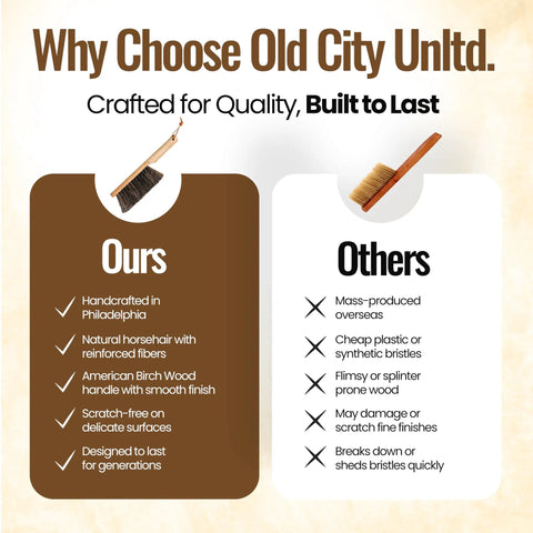 Comparison chart of Old City Unltd vs others, highlighting handcrafted quality, natural horsehair bristles, and durable design.