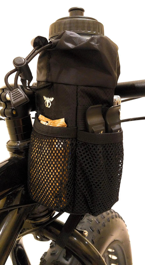 Bike Stem Bag With Insulated Pouch For Snacks And Water Bottle Storage on bike, one-hand access, fits 32oz bottles, secure mount.