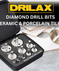 Drilax 10-piece diamond hole saw drill bit set with guide in case; 1/4–2 in core bits for glass and tile.
