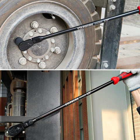 True Mechanic 90 Tooth Dust Proof Black Chrome Locking Flex Head Ratchet in automotive use on wheel and machinery