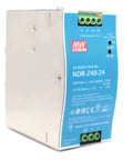 Side view of Industrial DIN Rail Power Supply 24V DC 10A 240W with blue label showing input and output specifications.