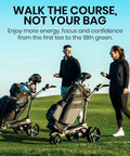 Top Shelf GPS Electric Golf Push Cart With Remote Control and Precise Yardage Tracking, shown being used by two golfers.