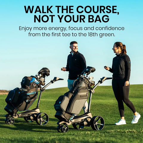 Top Shelf GPS Electric Golf Push Cart With Remote Control and Precise Yardage Tracking, shown being used by two golfers.