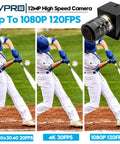 High Speed 1080P 120fps USB Camera For Golf Swing Analysis With 12MP Sensor 4K Capable Manual Focus displayed next to baseball swing images.