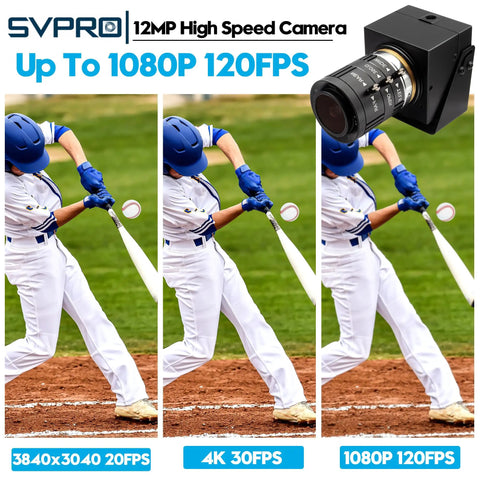 High Speed 1080P 120fps USB Camera For Golf Swing Analysis With 12MP Sensor 4K Capable Manual Focus displayed next to baseball swing images.
