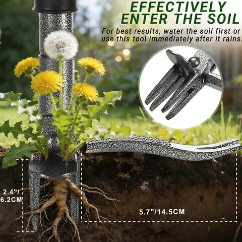 Stand Up Weed Puller Tool With Dual Action Pop Up Mechanism For Easy Weed Removal In Garden Lawn And Yard 43.5 Inch Long Durable Ergonomic Handle For Quick Dirt Uprooting, 4-claw steel head with visible root removal