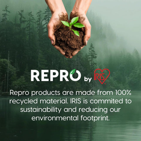 Hands holding soil with a small plant, REPRO by IRIS logo, text: Repro products made from 100% recycled materials, environmental focus.