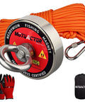 Front view of MUTUACTOR magnet fishing kit: orange 20m rope, silver magnet, carabiner, red/black gloves, carrying bag.