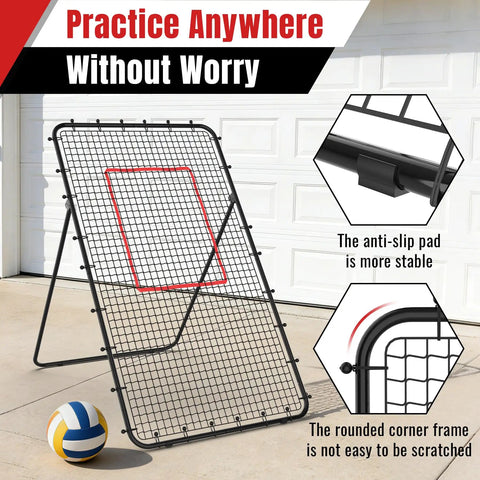 Volleyball Rebounder Net 7x4ft Two Net System With 5 Angle Adjustable Frame Ultra Durable Trainer for spikes and serves installation view