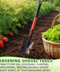 Six Piece Small Garden Shovel Set With 16.93 Inch Long Handles in garden bed near basket of lettuce and strawberries