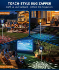 Outdoor Solar Bug Zapper 4200V Mosquito Killer With RGB Projector And Flame Lights in use at a backyard patio setting
