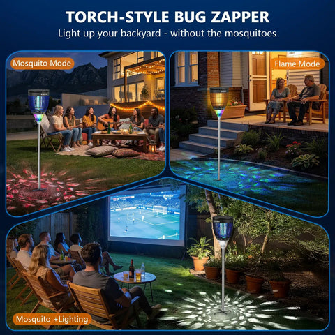 Outdoor Solar Bug Zapper 4200V Mosquito Killer With RGB Projector And Flame Lights in use at a backyard patio setting