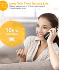 Woman using Top Shelf Five Handset Landline Phone System That Straight Up Blocks Spam Calls with 10 hours talk time.