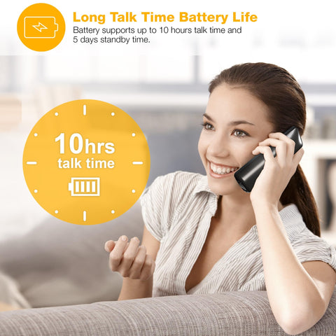 Woman using Top Shelf Five Handset Landline Phone System That Straight Up Blocks Spam Calls with 10 hours talk time.