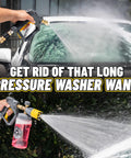 Snubby Pressure Washer Gun With Foam Cannon Attachment spraying foam on car windshield for easy car washing and detailing.