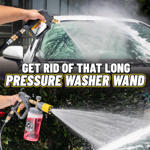 Snubby Pressure Washer Gun With Foam Cannon Attachment spraying foam on car windshield for easy car washing and detailing.