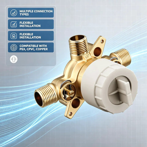Heavy Duty Brass Three Port Shower Mixing Valve With Pressure Balancing Technology for various connections and adaptable installation.