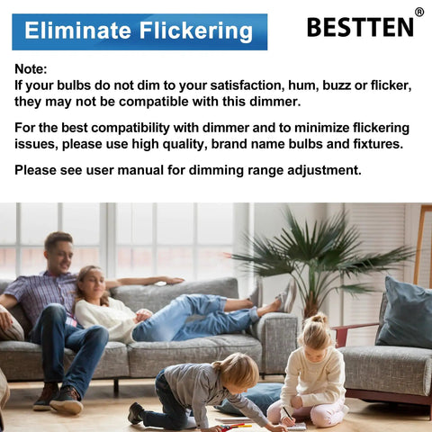 Family relaxing in living room, highlighting Bestten dimmer switch benefits for LED, CFL lighting, eliminate flickering.