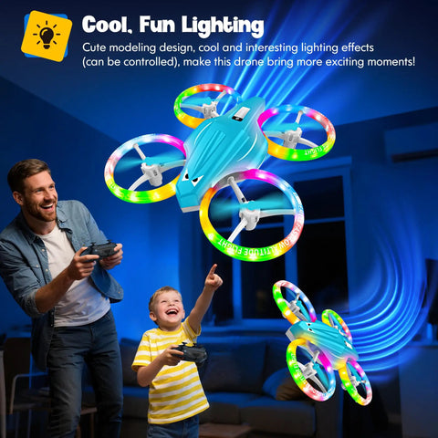 Light Blue Kids Drone With 3D Flip And Cool Light soaring indoors, controlled by smiling adults and kids.
