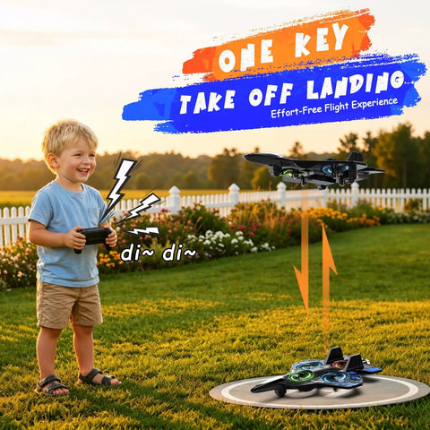 Foam Remote Control Airplane With Lights For Kids And Adults Blue Body No Fuss Beginner Friendly RC Plane 360 Degree Flip and Stunt Roll Easy To Fly Totally Fun Gift For Boys 8 To 16 Great For Indoor And Outdoor Fun hovering in a backyard as a child plays with a remote control.