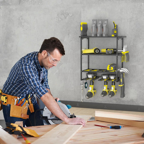 Must Have 4 Layer Power Tool Organizer Wall Mount With Heavy Duty Metal Shelves Cordless Drill Holder And Screwdriver Tray 300 Lb Capacity Space Saving Garage Storage Rack For Tools And Chargers
