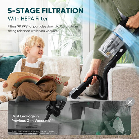 Premium Cordless Stick Vacuum With Auto Empty Base And Tangle Free Roller That Eats Up Pet Hair And Dirt Without Clogging Or Making A Mess Up To 70 Minutes Of Battery Life For Effortless Daily Home Care And Fresh Clean Floors vacuuming near child on couch with HEPA filter in action.