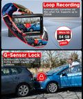 Dash cam loop recording and G-sensor lock feature; supports 256GB; includes 64GB card, records impacts with 4K front, 2.5K rear