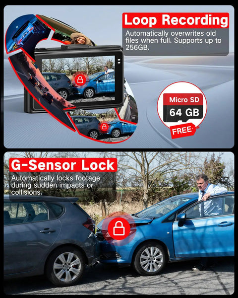 Dash cam loop recording and G-sensor lock feature; supports 256GB; includes 64GB card, records impacts with 4K front, 2.5K rear