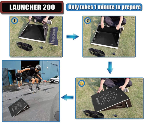 Guide showing setup and use of Sturdy Jump Ramp For Skateboard, Bike, Scooter, BMX, RC Car And Dirt Bike 25.2 Inch Black Wide And Durable With Non Slip Feet