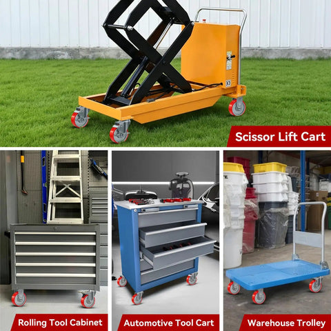 Heavy Duty 5 Inch Swivel Casters Set Of Four With Cast Iron Core And Polyurethane Tread on scissor lift cart and tool trolleys.