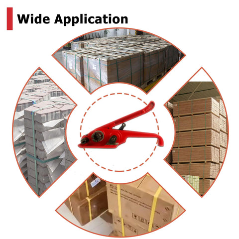 Heavy Duty Poly Strapping Tensioner With Cutter For One Half To Three Quarters Inch PET And PP Straps, Manual Hand Tool in use with pallets