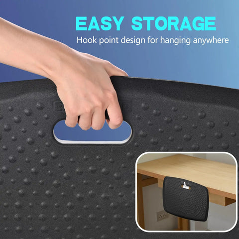 Anti Fatigue Standing Mat With Massage Points For Kitchen And Office, Portable Floor Rug With Built In Handle, shown hanging on desk.
