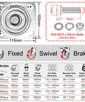 Tough As Nails 8 Inch Heavy Duty Caster Wheel Set Of 4, showing dimensions and specifications of swivel casters with brakes.
