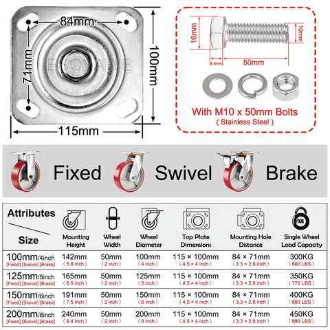 Tough As Nails 8 Inch Heavy Duty Caster Wheel Set Of 4, showing dimensions and specifications of swivel casters with brakes.