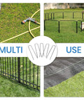 Six Inch Galvanized Garden Stakes 150 Pack used for hose, fencing, and barrier fabric in various garden setups.