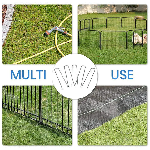 Six Inch Galvanized Garden Stakes 150 Pack used for hose, fencing, and barrier fabric in various garden setups.
