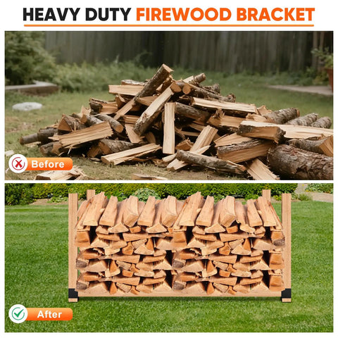 8 Pack Firewood Log Storage Rack Bracket Adjustable Beefy Heavy Duty Powder Coated Steel Holder For Fireplace Patio And Deck Rust Resistant Outdoor Wood Storage Organizer showing before and after firewood stacking
