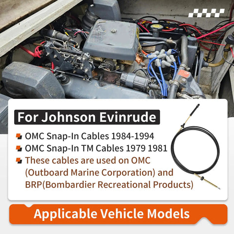 Throttle Shift Remote Control Cable For Outboard Motors 1979 Through 1994 0173114 Snap In Replacement shown with engine setup