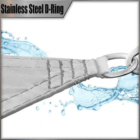 Close-up of 14 By 14 Foot Grey Waterproof Sun Shade Sail UPF50 Plus Canopy Awning with stainless steel D-ring