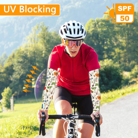 Cyclist wearing Dragonfly Floral Gardening Sleeves With Sun Protection For Women And Men, Cooling Arm Covers 19 Inch outdoors.