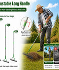Man using a powerful thatch rake for lawns with 13 inch wide head and 21 carbon steel tines dual sided dethatching tool and scarifier