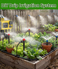 165Ft Drip Irrigation Kit With Timer set up in a raised garden bed, showing misting and drip modes for efficient watering.