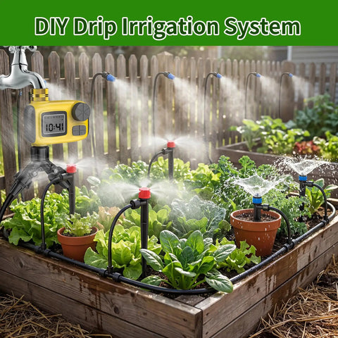165Ft Drip Irrigation Kit With Timer set up in a raised garden bed, showing misting and drip modes for efficient watering.