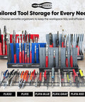 Heavy Duty Pliers Rack For Toolbox Drawer Organizer Holds Up To 32 Pliers Steel Frame With Triple Coated Vinyl Adjustable Drawer Shelf Durable Holder For Home Garage And Pro Use displayed on table.