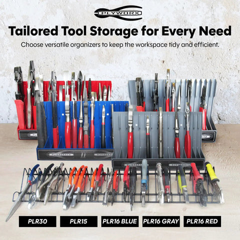 Heavy Duty Pliers Rack For Toolbox Drawer Organizer Holds Up To 32 Pliers Steel Frame With Triple Coated Vinyl Adjustable Drawer Shelf Durable Holder For Home Garage And Pro Use displayed on table.