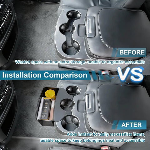 Installation comparison of the Dodge Ram Center Console Hanging Organizer Box For 2013-2024 Ram 1500 Classic and 2013-2026 Ram 2500 3500
